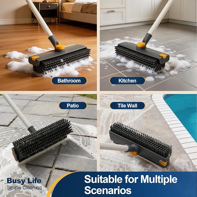 Yocada Floor Scrub Brush 3 in 1 Dual-Sided Stiff Bristle Scrubber Brush | with Scrape Squeegee Indoor&Outdoor for Cleaning Bathroom Kitchen Patio Pool Garage Wall Deck 53.9"