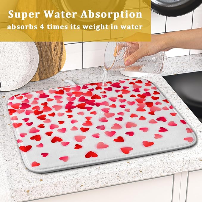 Valentines Dish Drying Mat for Kitchen Counter Hearts Holiday Microfiber Absorbent Dish Draining Reusable Washable Foldable 16"x18"