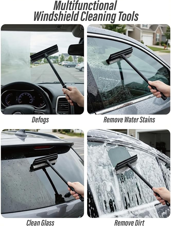 2 in 1 Window Squeegee for Car,Window Cleaner with Long Handle,Sponge Car Squeegee for Gas Station, Glass,Shower,Outdoor High Window Cleaning