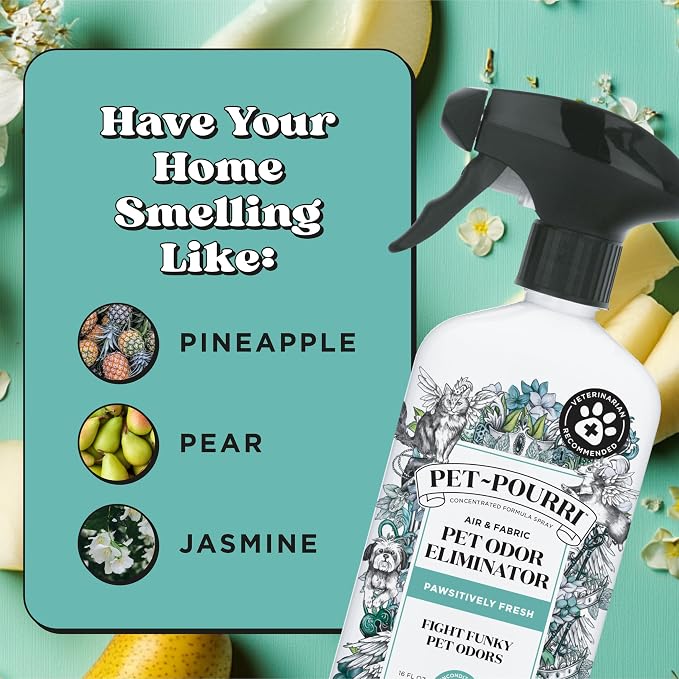 Pet-Pourri Pet Odor Air + Fabric Odor Freshener Spray, Pawsitively Fresh, 16 Fl Oz (Pack of 2)