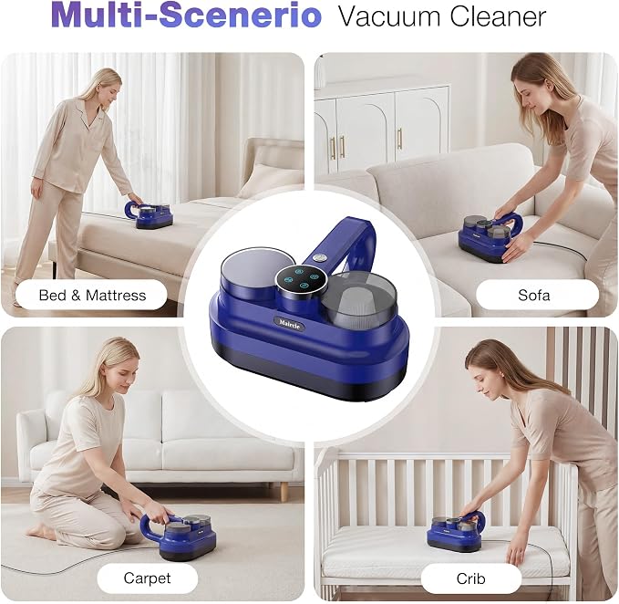 Maircle Mattress Vacuum Cleaner, Corded Bed Vacuum with 253.7nm UV-C Light, Ultrasonic & High Heating 16Kpa Powerful Double-Cup Handheld Vacuum for Bed, Sofa, Couch