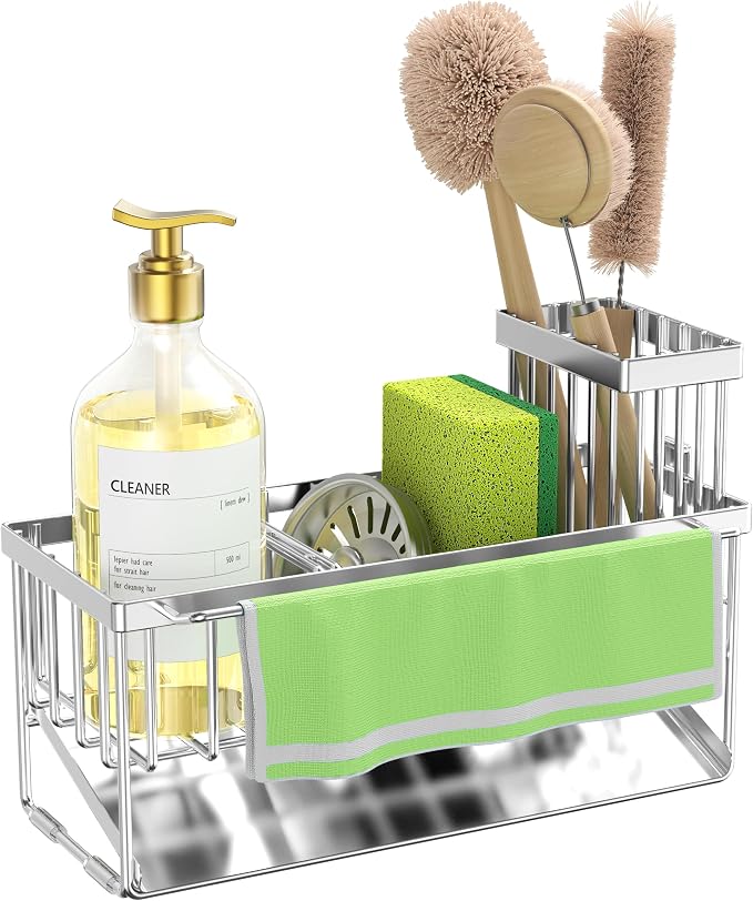 Cisily Kitchen Sink Caddy Organzier with High Brush Holder, Sponge Holder for Sink, 304 Rustproof Stainless, Kitchen Countertop Soap Dispenser Organizer (Silver With Towel Rack, 9.25″)