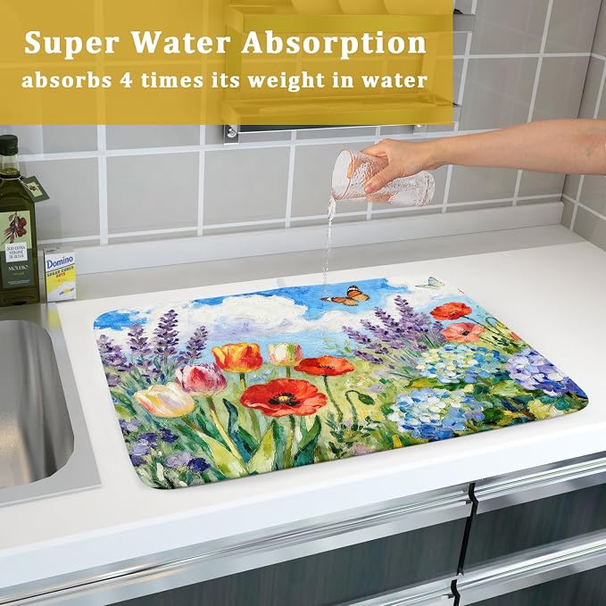 Spring Dish Drying Mat for Kitchen Counter 18x24, Floral Decorative Absorbent Reversible Microfiber Kitchen Countertop Protector Dishes Drainer Pad, Flower Butterfly