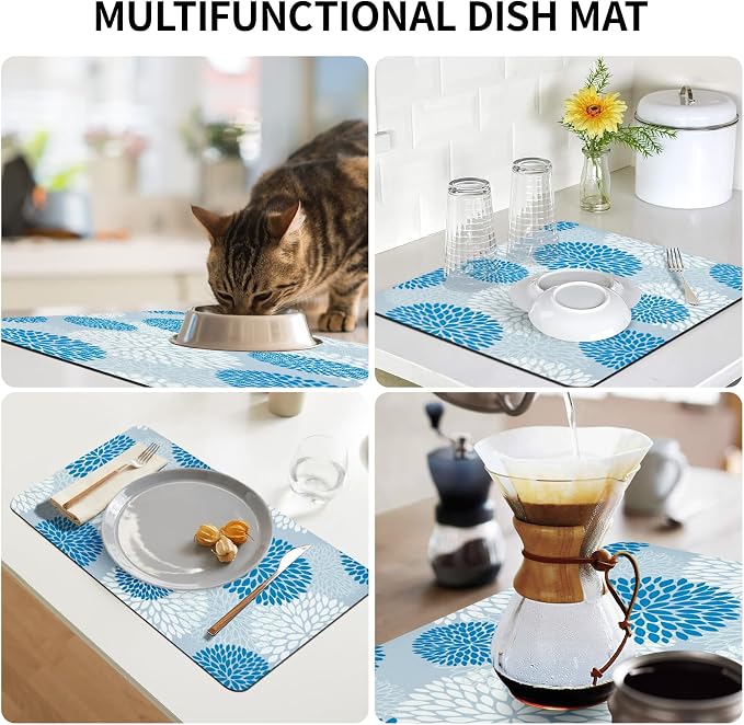 Dish Drying Mat, Dish Mat Drying Kitchen Mat with Rubber Backed, Hide Stain Kitchen Super Absorbent Draining Mat, Easy to Clean Dish Rack Pad for Dishes Countertop (Blue Floral, 12" x 19" )