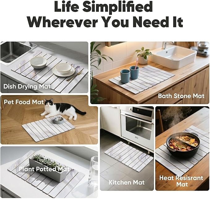 Stone Drying Mat for Kitchen Counter, Quick Diatomaceous Earth Mats for Dishes, 24"L x 16" W Super Absorbent Fast-Drying Collapsible Countertop Stone Mat (Marble White-04, 24" x 16")