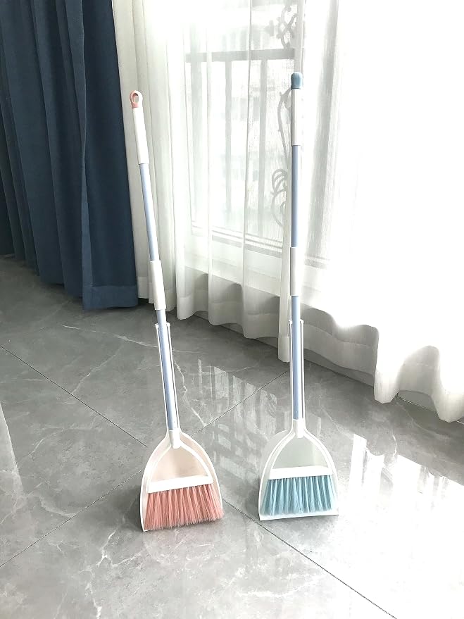 Mini Broom with Dustpan for Kids,Little Housekeeping Helper Set (White+Blue)