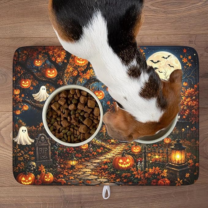 Halloween Dish Drying Mat for Kitchen Counter Seasonal Holiday Fall Spooky Pumpkin Ghost Microfiber Dish Drainer Mat Vintage Rustic Absorbent Washable Drying Pad 18"x24"