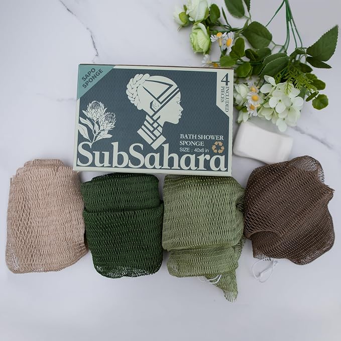 SubSahara Authentic African Net Sponge - 4 Pack Exfoliating Bath & Shower Loofah Sponge for Body & Face, Gentle Scrubber for All Skin Types, Travel, Durable