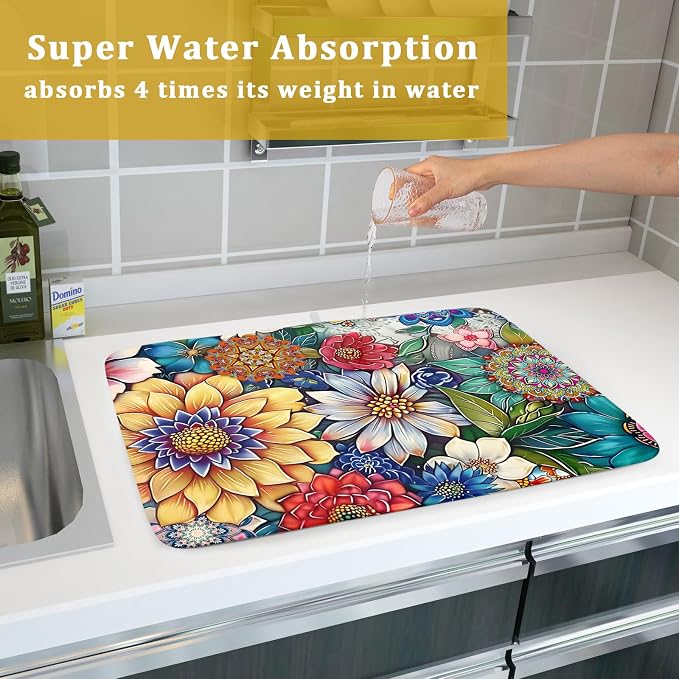 Boho Floral Dish Drying Mat for Kitchen Counter 16x18 Inch Boho Blooming Flower Dishes Pad Super Absorbent Drying Mat Heat Resistant Dish Drying Pad Anti-Slip Dish Mat Fast Dry Kitchen Bar Accessories