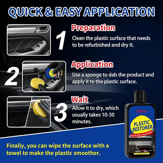 Plastic Restorer for Cars, Restores Faded Plastic, Vinyl, Rubber, Trim, Bumpers & Interior Surfaces to Like-New Finish - Brings Back Deep Black & Color, UV Resistant - 3.4OZ