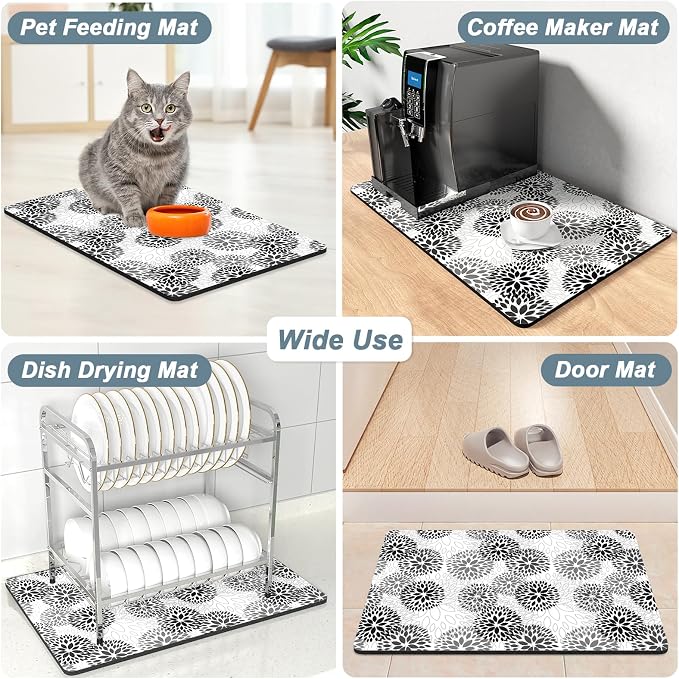 Rnivvi Coffee Mat, 12" x 19" Cute Coffee Bar Mats for Espresso Machine Station Accessories and Organizer, Hide Stain Rubber Backed Absorbent Dish Drying Pad for Kitchen Counter, Cartoon Flowers