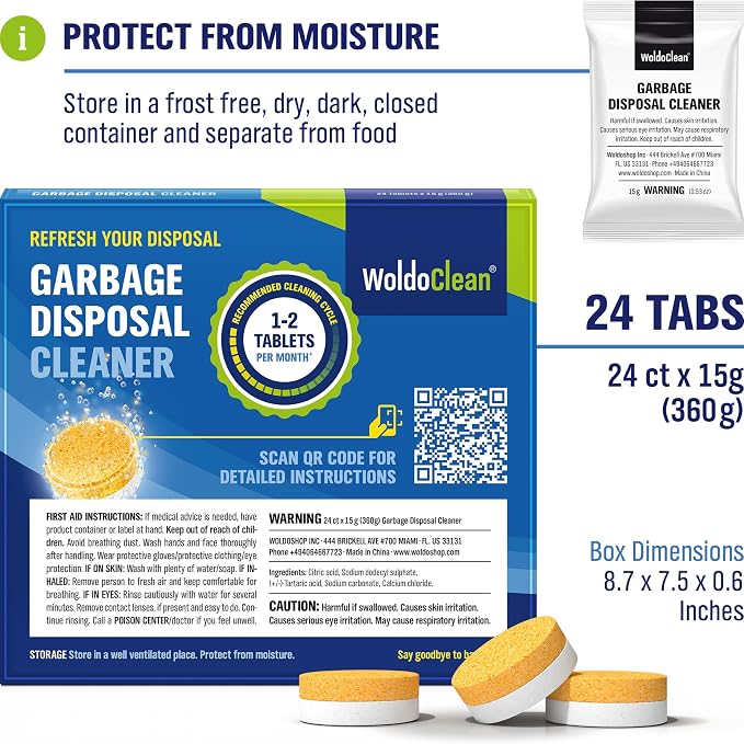 WoldoClean Garbage Disposal Cleaner Tablets 24 Pack - Citrus Deodorizer | Foaming sink drain freshener tabs, kitchen smell eliminator, odor remover
