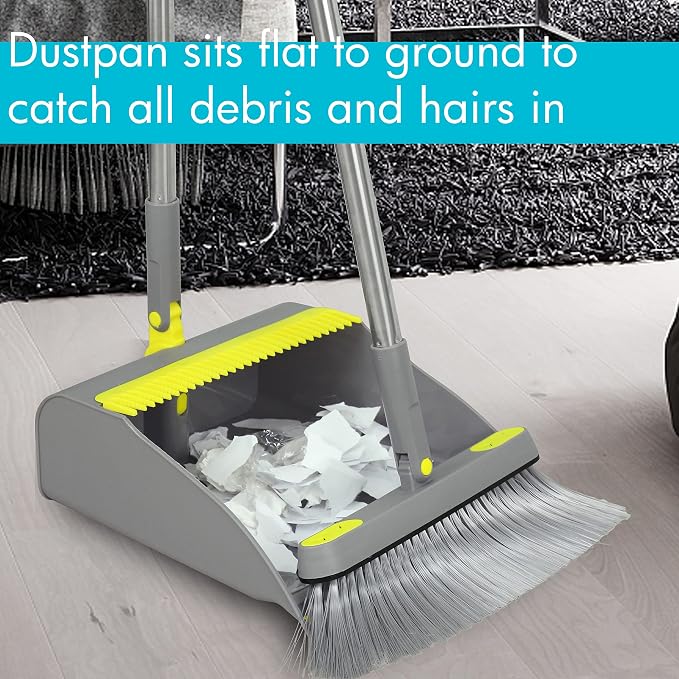 2-Pack Broom and Dustpan Combo Set, 48" Long Adjustable Handle Stand Up Dustpan with Self-Cleaning Teeth, Ideal for Home, Office, Kitchen, Indoor & Outdoor Use, Grey | Stand Up Dustpan with Self-Cleaning Teeth and Long Handle Broom Set for Home, Office...