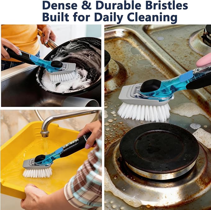 Dish Brush Refill Head 4 Pack Compatible with OXO Dish Brush Head | Stiff nylon bristles, built-in scraper, twist-to-replace mechanism, durable plastic, for soap dispensing models