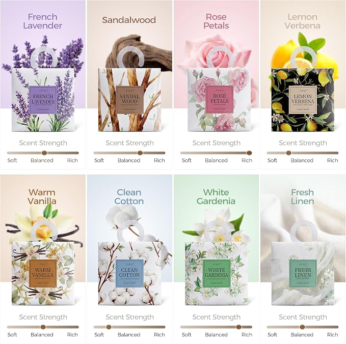 12 Pack Warm Vanilla Scented Sachets, Air Freshener for Small Spaces | Hanging Sachet Bags with Retractable Hook; Closet Deodorizer & Odor Eliminator for Drawers, Shoe Cabinets, Cars & Luggage