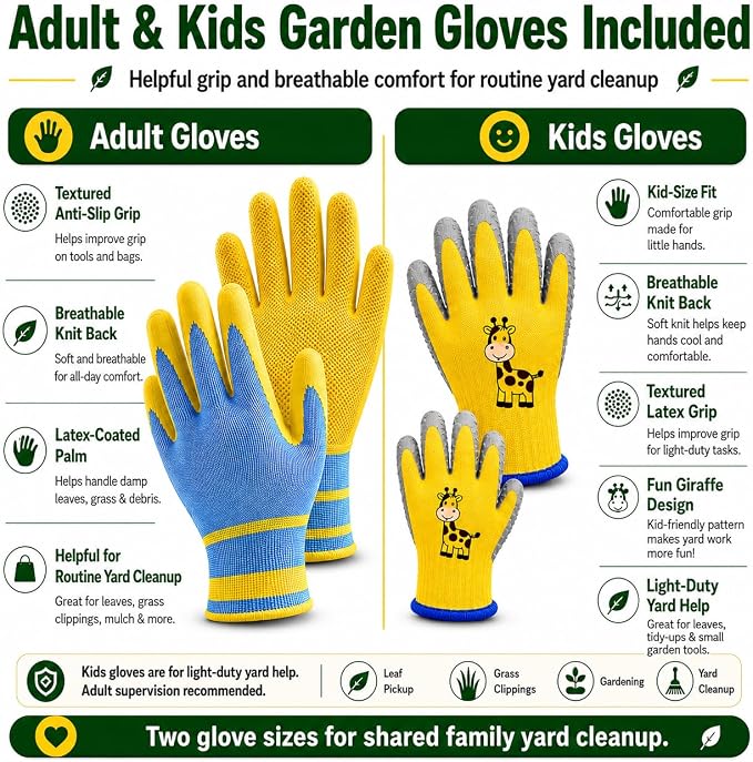 Leaf Scoops Hand Rakes, Leaf Claws & Leaf Grabbers for Yard Work with Adult & Kids Garden Gloves, Soft Handle Covers, Family Yard Cleanup Kit for Leaves and Grass Clippings