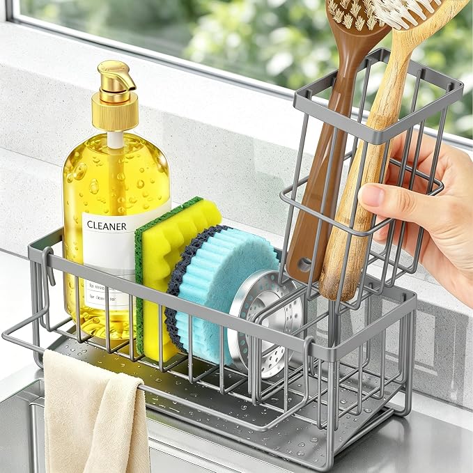Sponge Holder for Kitchen Sink, Kitchen Sink Caddy, Kitchen Sink Sponge Holder, Dish Sponge Holder, Kitchen Sink Organizer for Sponge, Dish Brush, Scrubber(9.65" x 3.74" x 6.3", Gray)