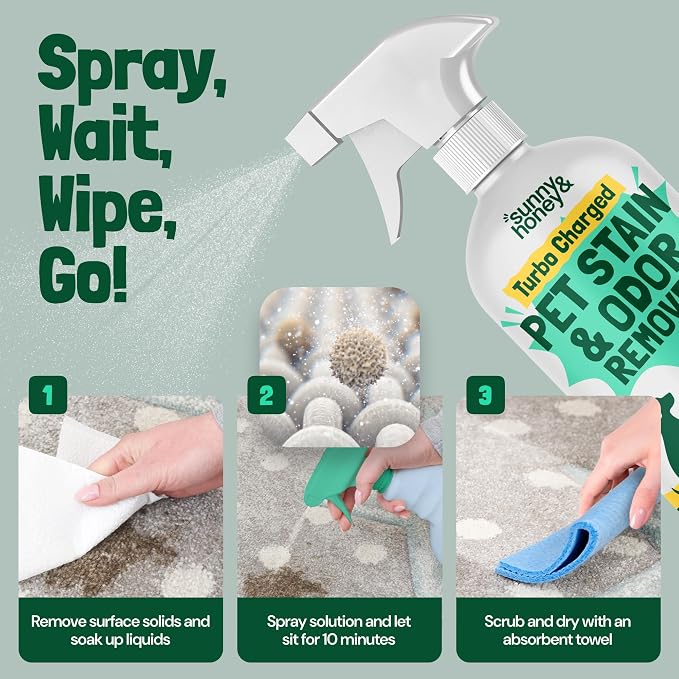 Sunny & Honey Turbo Pet Stain and Odor Remover for Carpets, 32fl oz Mint | USA Made - Enzyme Cleaner for Dog Urine & Poop - Eliminates Set In Stains - Color Safe - For Rugs, Furniture & Car Seats
