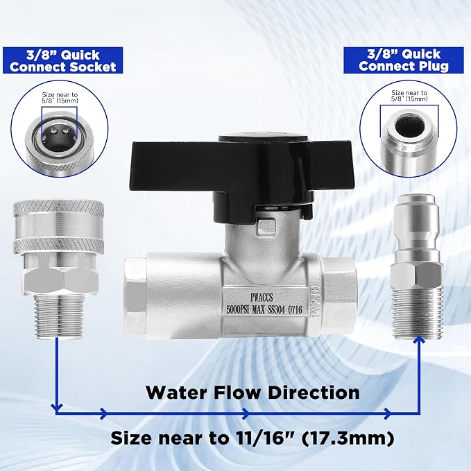 PWACCS Ball Valve Pressure Washer, 3/8" Quick Connect Shut Off Valve | Stainless Steel, for Power Washer Hose, DN10 Shutoff Ball Valve, High Pressure Wash, 5000 PSI