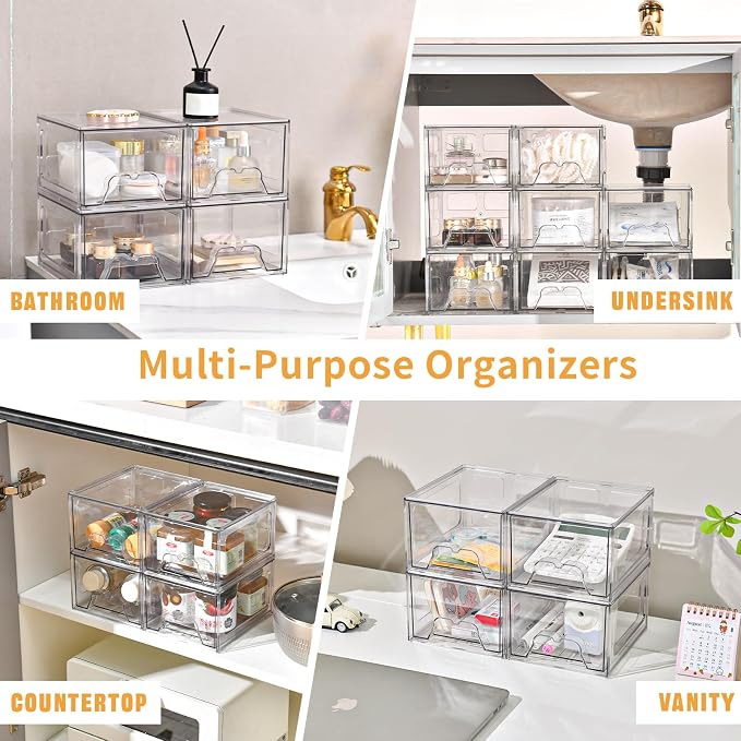 Stebopum 8 Pack Stackable Makeup Organizer, 4.4'' Tall Acrylic Bathroom Makeup Organizer and Storage Drawer with Pull-out Handle, Clear Plastic Storage Bins for Vanity,Pantry,Desk,Undersink,Kitchen