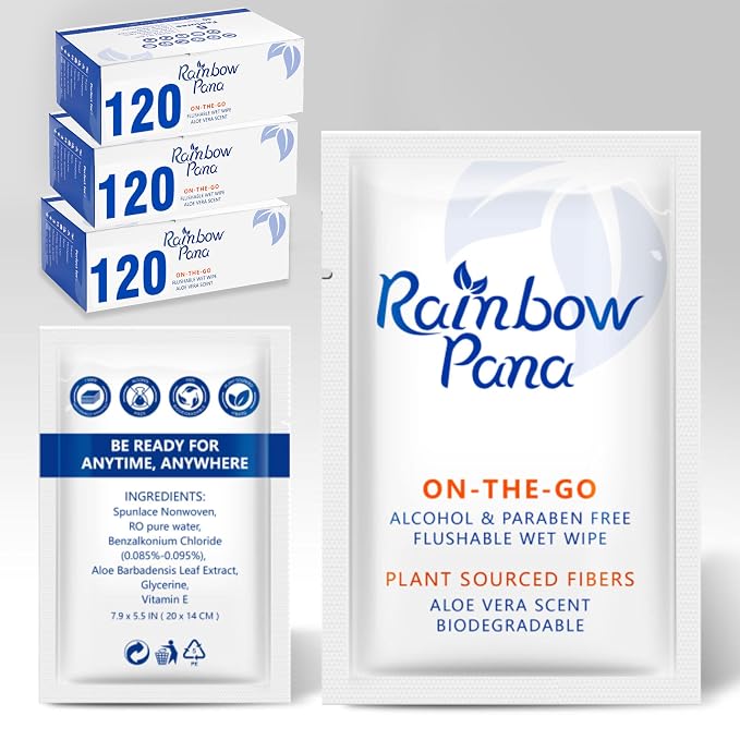 RainbowPana Flushable Wipes, 360 Count, On-The-Go Individually Wrapped for Women and Men - Travel Wipes for Family, Infused With Vitamin E and Natural Aloe, pH Balanced