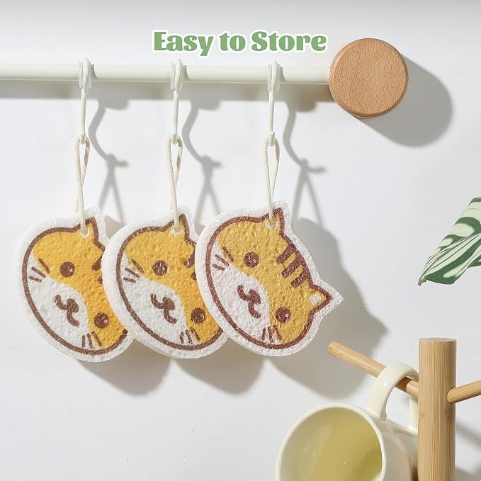 JOYMOOP Cartoon Kitchen Sponge, Cellulose Sponges for Cleaning, 4 Pack Non-Scratch Sponges for Dishes, Reusable Sponge for Household Cleaning - Kitten Pattern