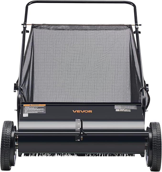 VEVOR Push Lawn Sweeper 26 Inch Leaf & Grass Collector Strong Rubber Wheels | Heavy Duty Thickened Steel Durable to Use with Large Capacity 7 ft³ Mesh Collection Bag, 4 Spinning Brushes