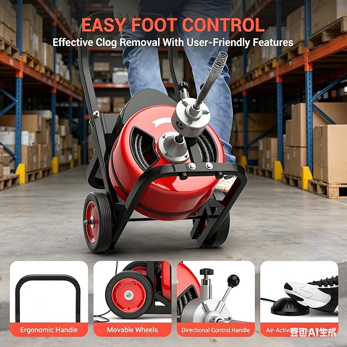 Garvee 100Ft 3/4 Inch Drain Cleaning Machine. Sewer Snake 750w Auto Feed with 6 Cutter, Portable Drain Cleaning Machine Electric Drain Auger Sewer Auger Air-Activated Foot Switch for 4" to 8" Pipes
