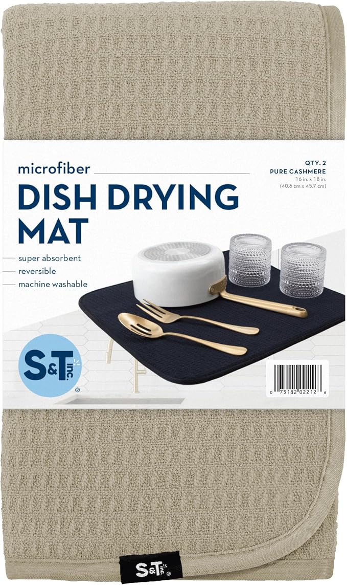 S&T INC. Dish Drying Mat, 2 Pack, 16" x 18", Large, Beige | Absorbent Microfiber, 2PK Kitchen Counter Mat for Dishes, Utensils, Pots and Pans, Machine Washable