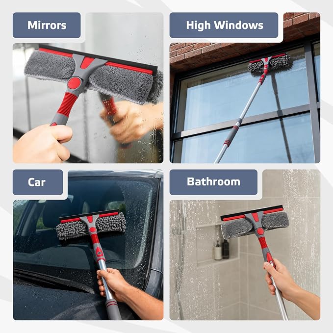 DSV Standard 2-in-1 Window Cleaning Squeegee Kit with 60’’ Extension Pole, Rotatable Bendable Head, Microfiber & Chenille Pads, Window Cleaner Tool for Indoor/Outdoor, High Windows, Shower and Car
