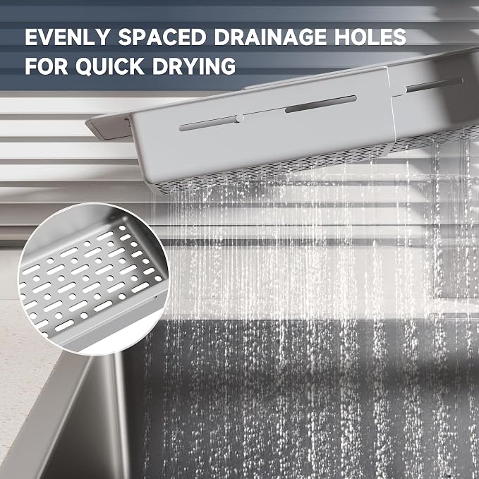 NiHome Extendable Sink Kitchen Organizer, Extra Long Telescopic Brush Storage Rack for Sponge, Non-Slip Pads Expandable Sink Caddy, Adjustable Sponge/Brush Rack with Drainage Durable ABS (Gray)