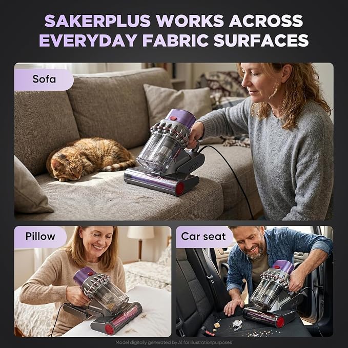 SakerPlus Mattress Vacuum Cleaner, Bed Vacuum with Smart Dust Sensor, Strong Suction, Dual Dust Cup and Washable Rolling Brush for Bed, Mattress, Sofa, Couch and Pet Hair
