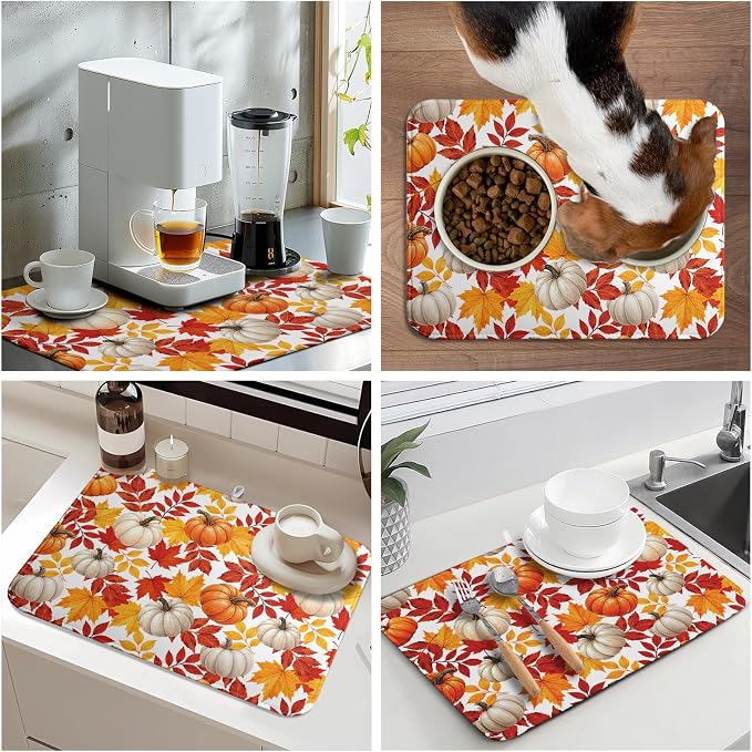 Fall Pumpkin Dish Drying Mat for Kitchen Counter 18x24 Inch Autumn Pumpkins Maple Leaves Drying Mats Thanksgiving Absorbent Reversible Dish Pad Fast Dry Drainer Mat Protector for Countertop Coffee Bar