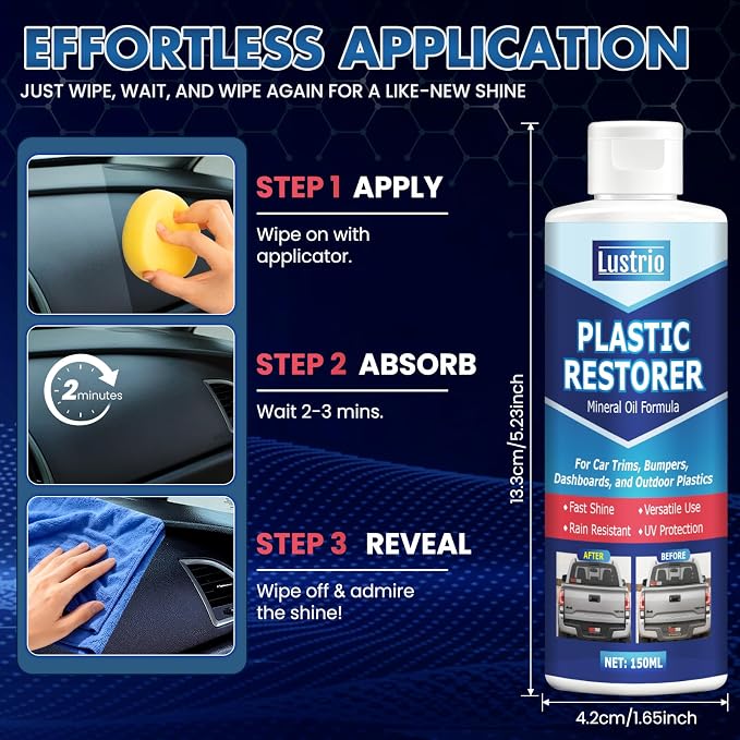 Plastic Restorer Spray for Car Exterior & Interior – 5oz (150ml) Kit with Applicator Sponge – Restores Black Trim, Door Panels, Bumpers & Vinyl Surfaces – Anti-UV, Water-Resistant, No Greasy Residue
