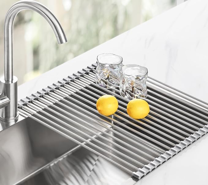 Tomorotec 21" x 15.5" Roll Up Dish Drying Rack Over Sink Drying Rack Sink Cover Kitchen Sink Accessories Gadget Multipurpose Organizer Foldable Stainless Steel Drainer