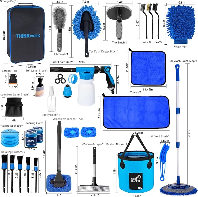 THINKWORK Car Wash Kit with Foam Gun, Extendable Mop & Collapsible Bucket | Adjustable Spray, Complete Car Detailing Kit, Soft Microfiber, Scratch-Free Paint Protection, Car & Home Use, Great Gift