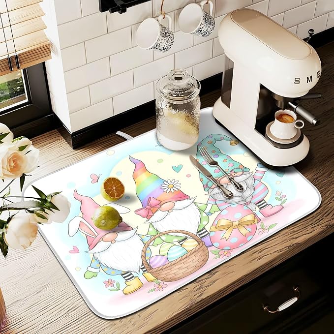Colorful Easter Cute Gnomes Dish Drying Mat for Kitchen Counter Absorbent Microfiber Large Drying Pad Dish Mats for Kitchen Countertops 18 x 24 Inch