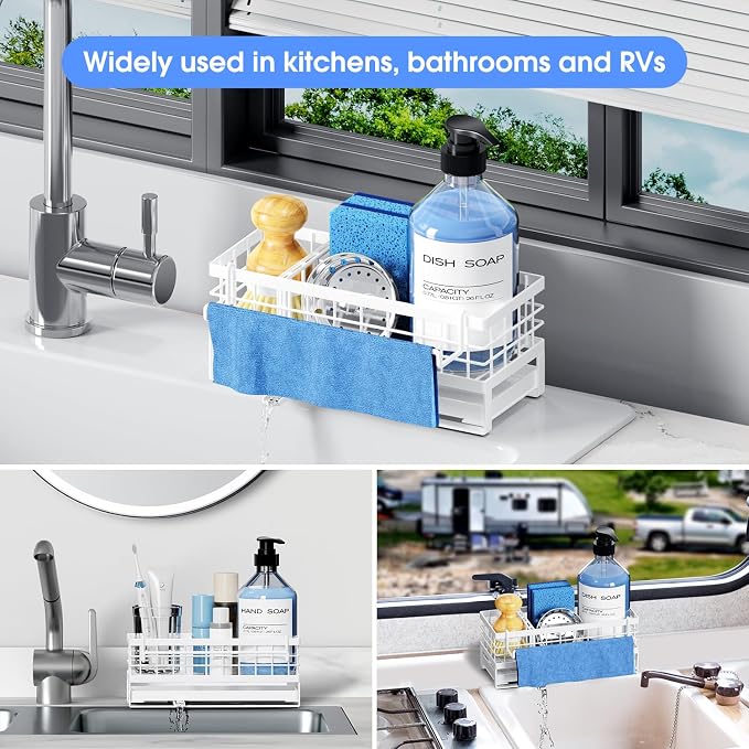 Kitchen Sink Sponge Holder - Self-Draining, Detachable Dish Cloth Holder, Rustproof Kitchen Countertop Organizer (White)
