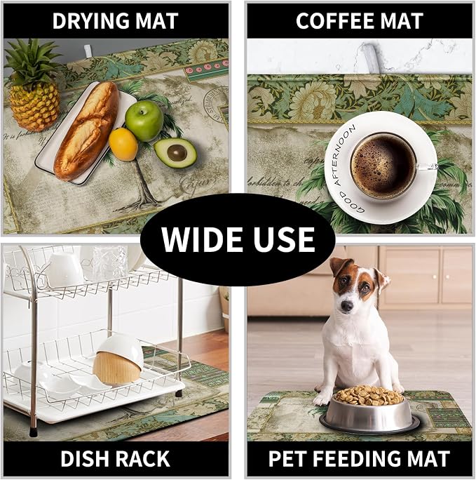 Palm Tree Kitchen Dish Drying Mat for Dishes 18x24 Inch Summer Vintage Tropical Leaves Green Jungle Plant Drying Mat Botanical Dish Drainer Mat Super Absorbent Dish Rack Pad for Coffee Bar Sinks