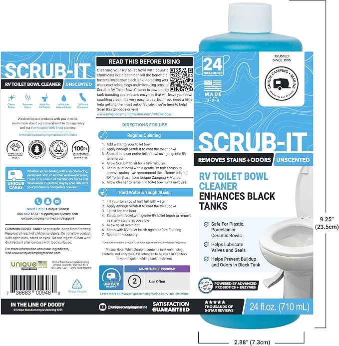 Unique Scrub-It Liquid RV Toilet Bowl Cleaner, 24 oz, 3-Pack | Cleans stains, rings, odors, & debris in RV & marine toilets; non-caustic formula for routine toilet maintenance