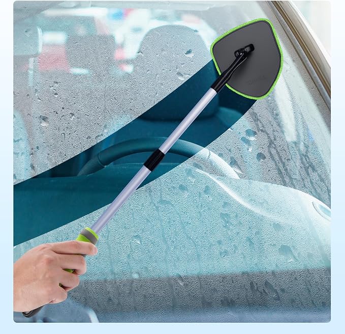 XINDELL Interior Windshield Cleaner Tool, Car Window Cleaning Kit with 4 Reusable Microfiber Pads, Extendable Handle & 360° Rotating Head, Safety Hammer, Streak-Free Auto Glass Wiper for Truck SUV RV