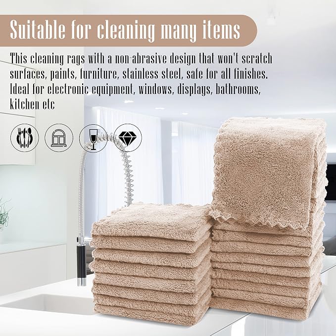Sunny zzzZZ 24 Pack Kitchen Dishcloths - Does Not Shed Fluff - Reusable Dish Towels, Dish Cloths, Super Absorbent Coral Fleece Cleaning Cloths, Nonstick Oil Washable Fast Drying, 10 x 10 Inch (Brown)
