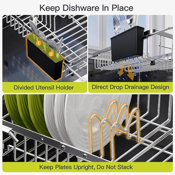 JASIWAY Expandable Stainless Steel Dish Drying Rack Over The Sink For Small Kitchen, Counter Space Saving Compact Plate Drainer Strainer, Adjustable Hanging Metal Dish Dryer Holder with Utensil Holder