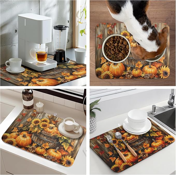 Fall Pumpkin Dish Drying Mat Autumn Maple Leaves Thanksgiving Large Kitchen Mats Dish Drying Pad Absorbent Dish Dryer Mat for Kitchen Countertops Microfiber Drainer Pad Dish Drying Mats (18x24 in)