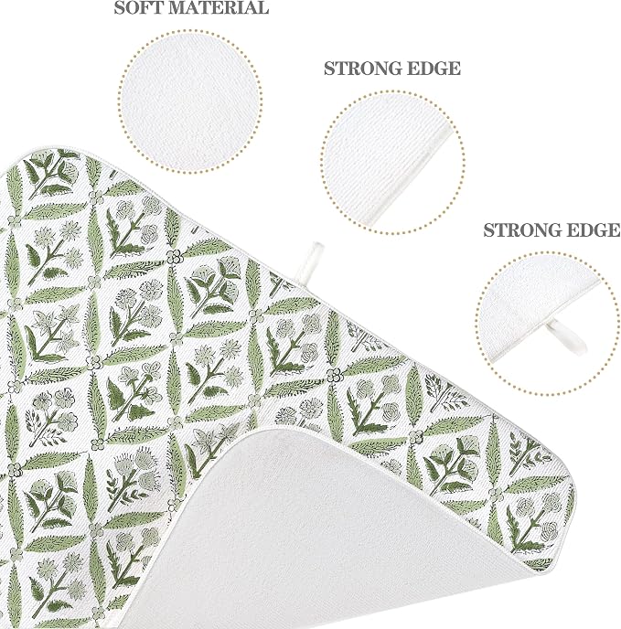 Boho Dish Drying Mat 18x24 Inches For Kitchen Counter Block Print Green Floral Kitchen Decoration Drying Mat Modern Decorative Flower Drying Pad Mat for Home Kitchen Decor,Dining Room,Office