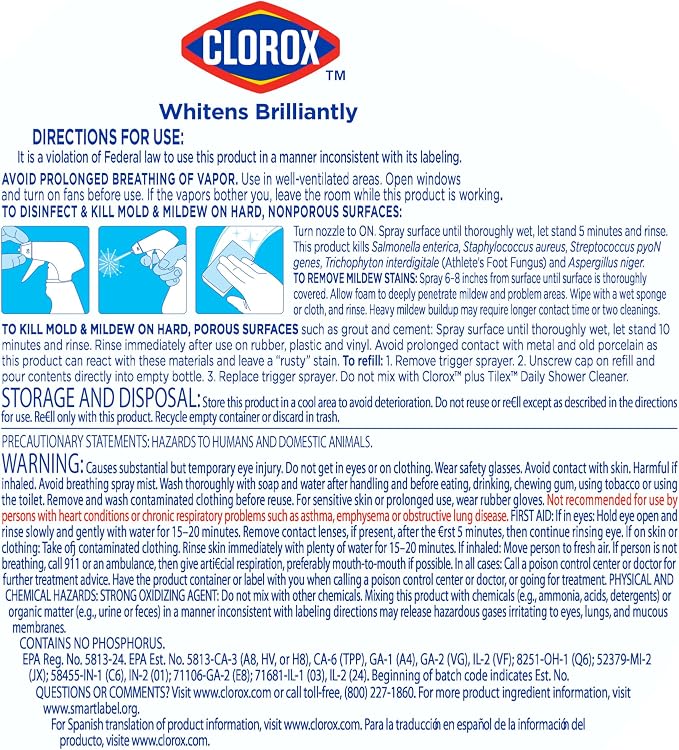 Clorox Plus Tilex Mold and Mildew Remover with Bleach, Spray Bottle, 32 Fluid Ounces, Unscented, Pack of 3