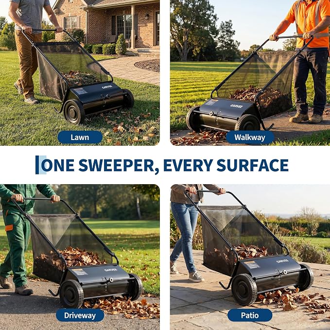 Garvee Push Lawn Sweeper, 26" Leaf & Grass Collector with 7Cu.ft Hopper Bag | Heavy Duty Yard Sweeper with Clear Dust Cover & Large Collection Bag for Leaves, Grass Clippings, for Lawn Yard Cleanup