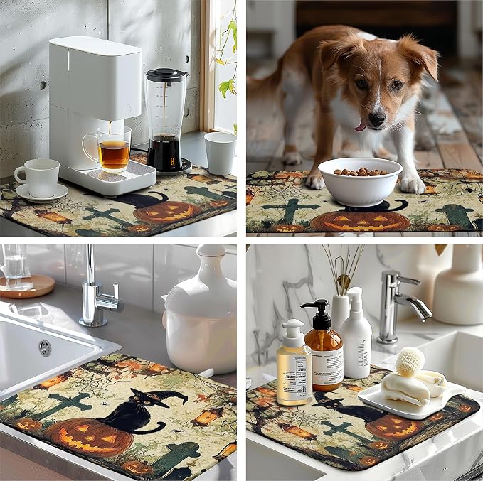 Halloween Dish Drying Mat 18x24 Inch Black Cat Pumpkin Spooky Dish Pad Absorbent Microfiber Dishes Draining Mats Washable Dish Drainer Rack Mat for Kitchen Countertop
