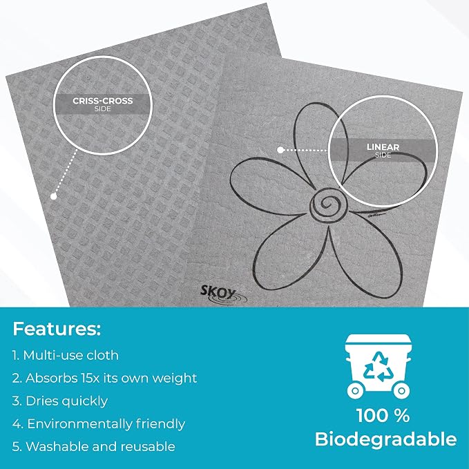 Skoy Cloth, 8-Pack Versatile Swedish Dishcloths for Kitchen and Household Use, Reusable Cleaning Cloths, Planet-Friendly, Dishwasher and Dryer-Safe, Gray