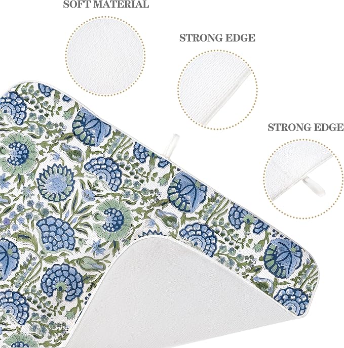 Floral Dish Drying Mat 18x24 Inches For Kitchen Counter Absorbent Block Print Flower Kitchen Decoration Boho Floral Drying Mat Pad For Home Kitchen,Dining Room,Office Decoration